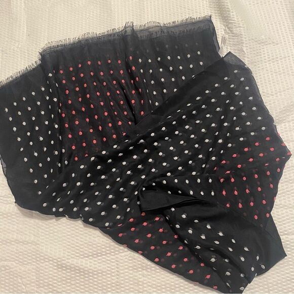 Polka dot scarf tablets Swiss dot pink white navy blue fringe - Picture 1 of 7